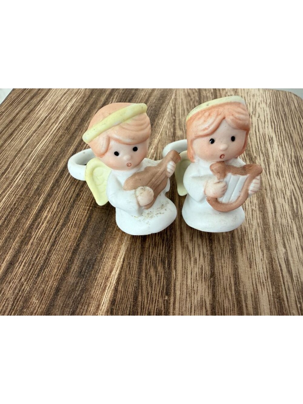 Vintage 1985 WNS Taiwan Angel Candle Climbers Pair Lyre & Lute Christmas Decor